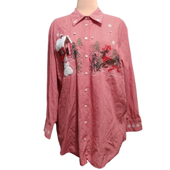Karen Scott 2X Womens Shirt Plus Size Red Gingham Christmas Embroidered Vintage - Picture 10 of 12